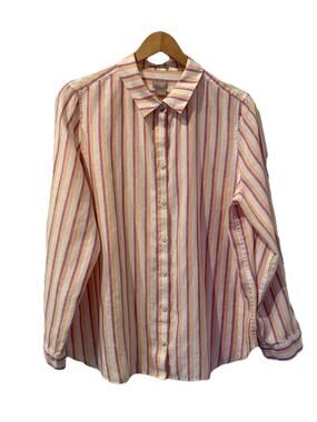 Chicos No Iron Button Up Top Blouse Roll Tab Striped Size 2 Large